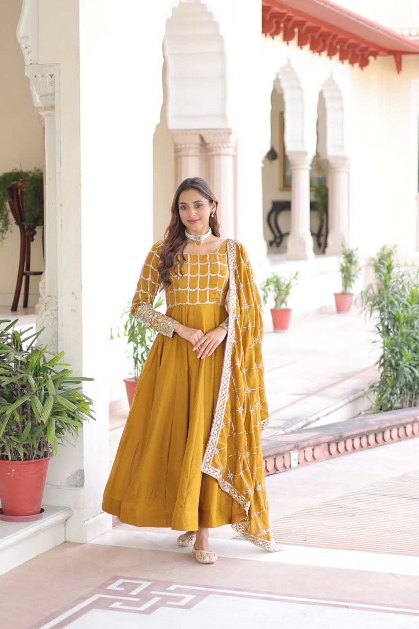 Vichitra Gown with Heavy Sequins Zari Work & Dupatta