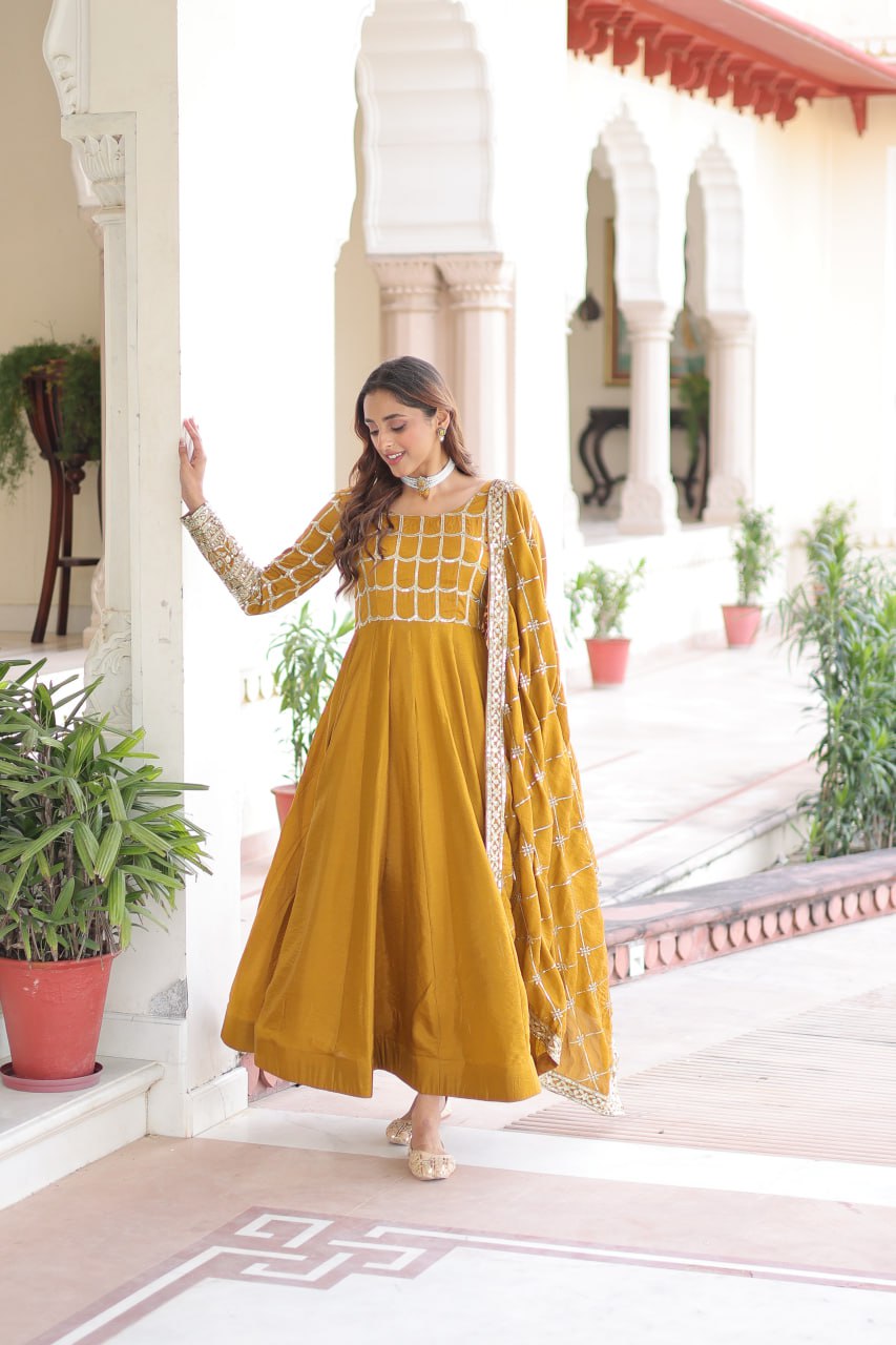 Vichitra Gown with Heavy Sequins Zari Work & Dupatta