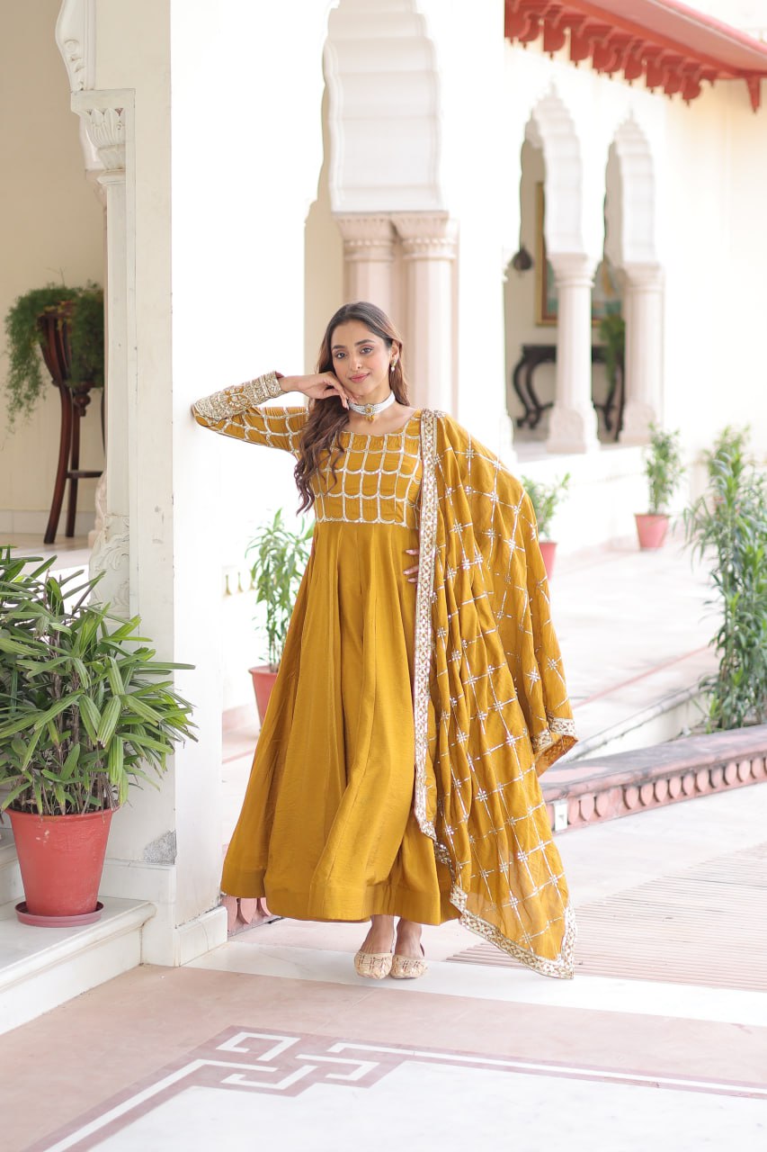 Vichitra Gown with Heavy Sequins Zari Work & Dupatta
