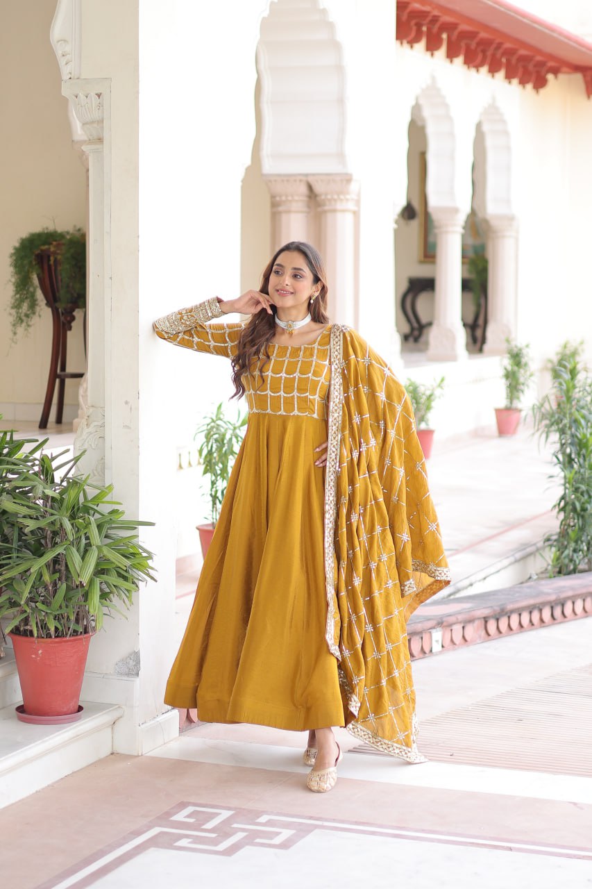 Vichitra Gown with Heavy Sequins Zari Work & Dupatta