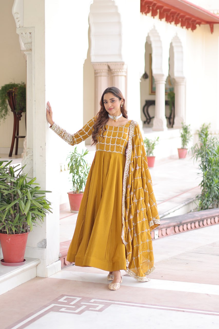 Vichitra Gown with Heavy Sequins Zari Work & Dupatta