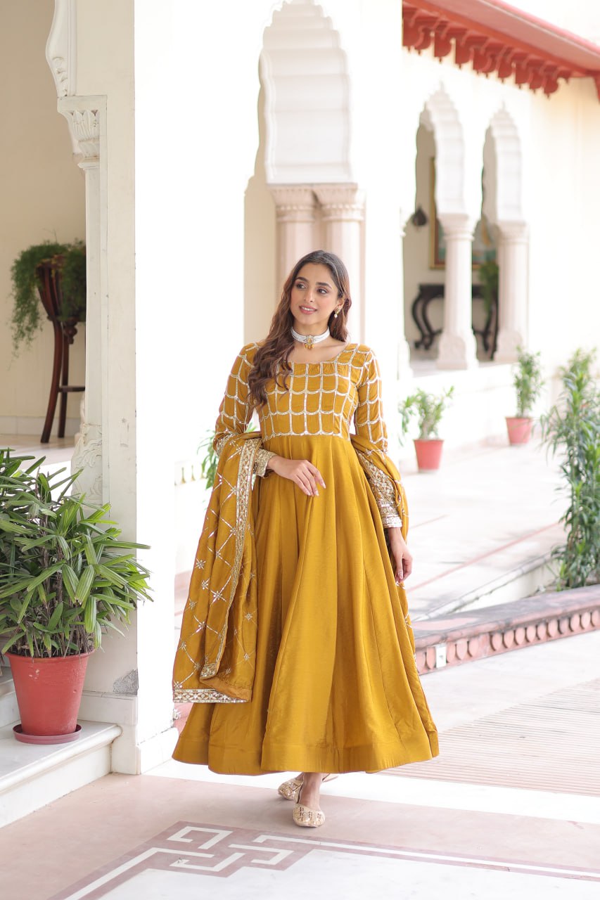 Vichitra Gown with Heavy Sequins Zari Work & Dupatta