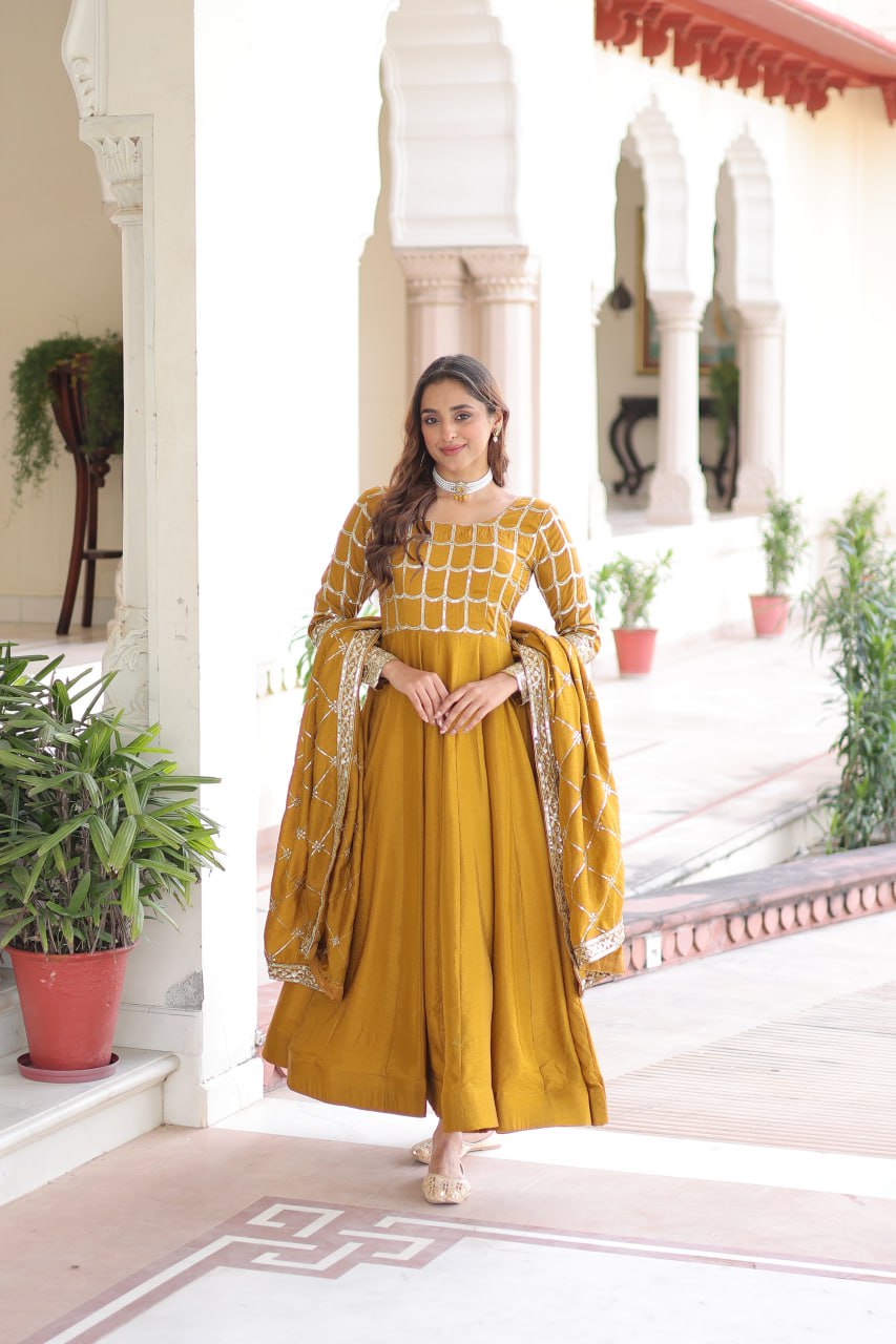 Vichitra Gown with Heavy Sequins Zari Work & Dupatta