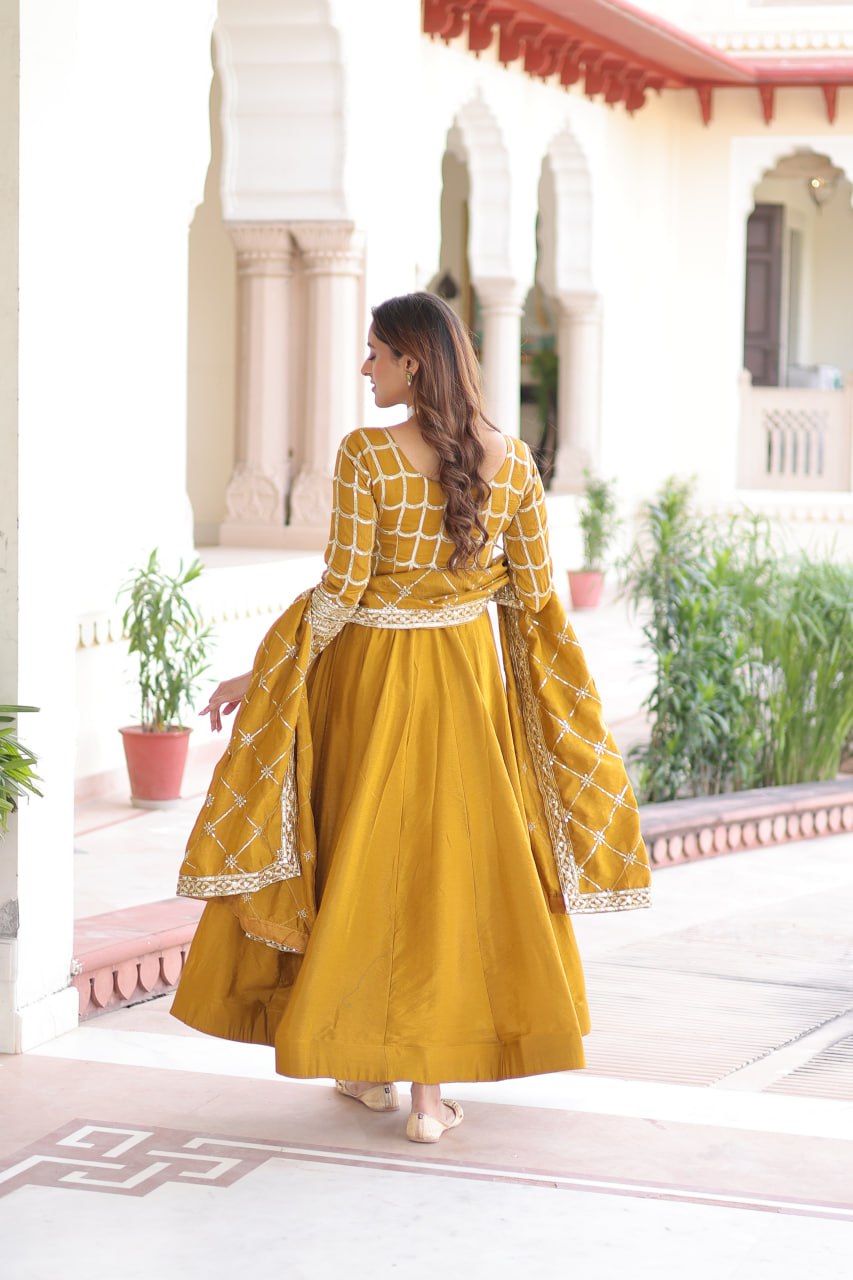 Vichitra Gown with Heavy Sequins Zari Work & Dupatta