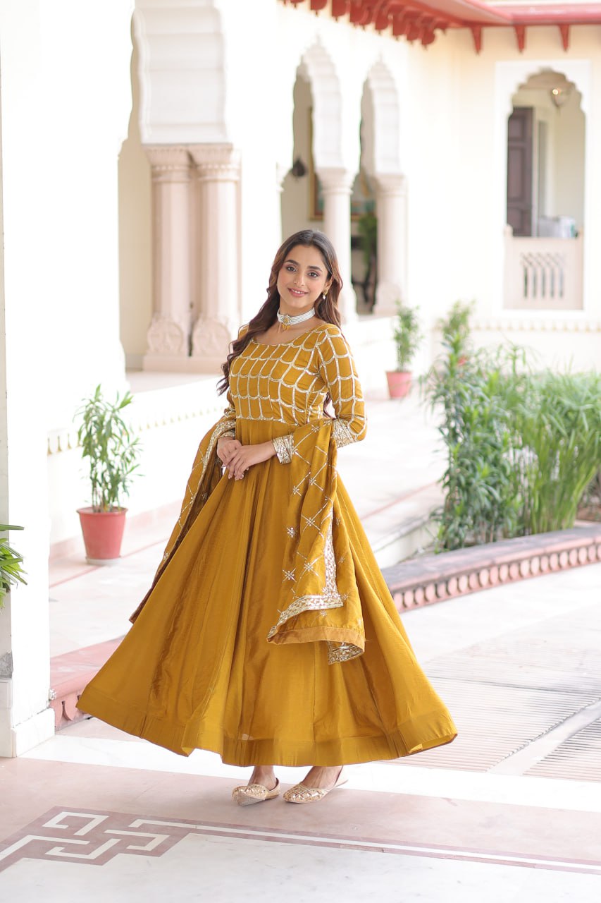 Vichitra Gown with Heavy Sequins Zari Work & Dupatta