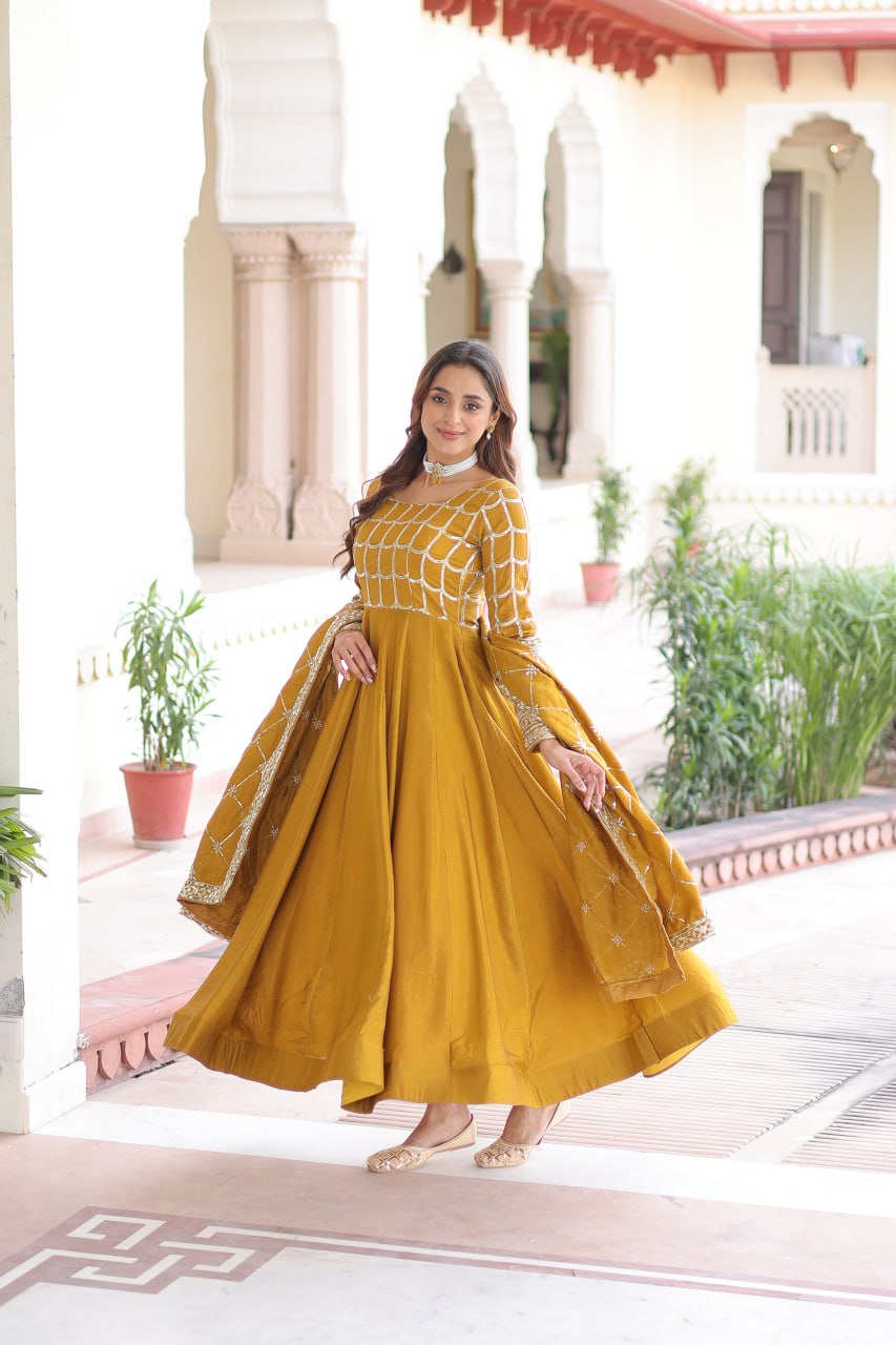 Vichitra Gown with Heavy Sequins Zari Work & Dupatta