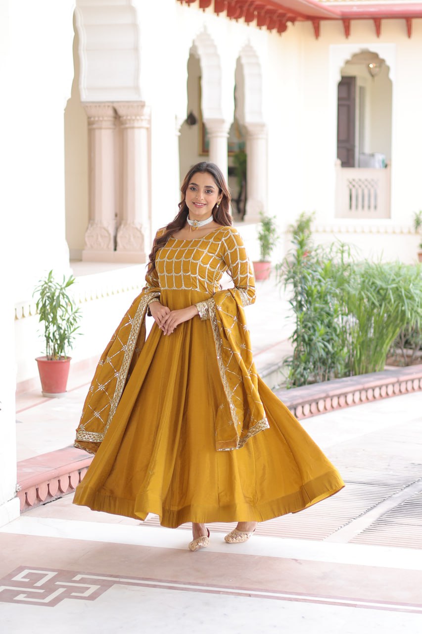 Vichitra Gown with Heavy Sequins Zari Work & Dupatta