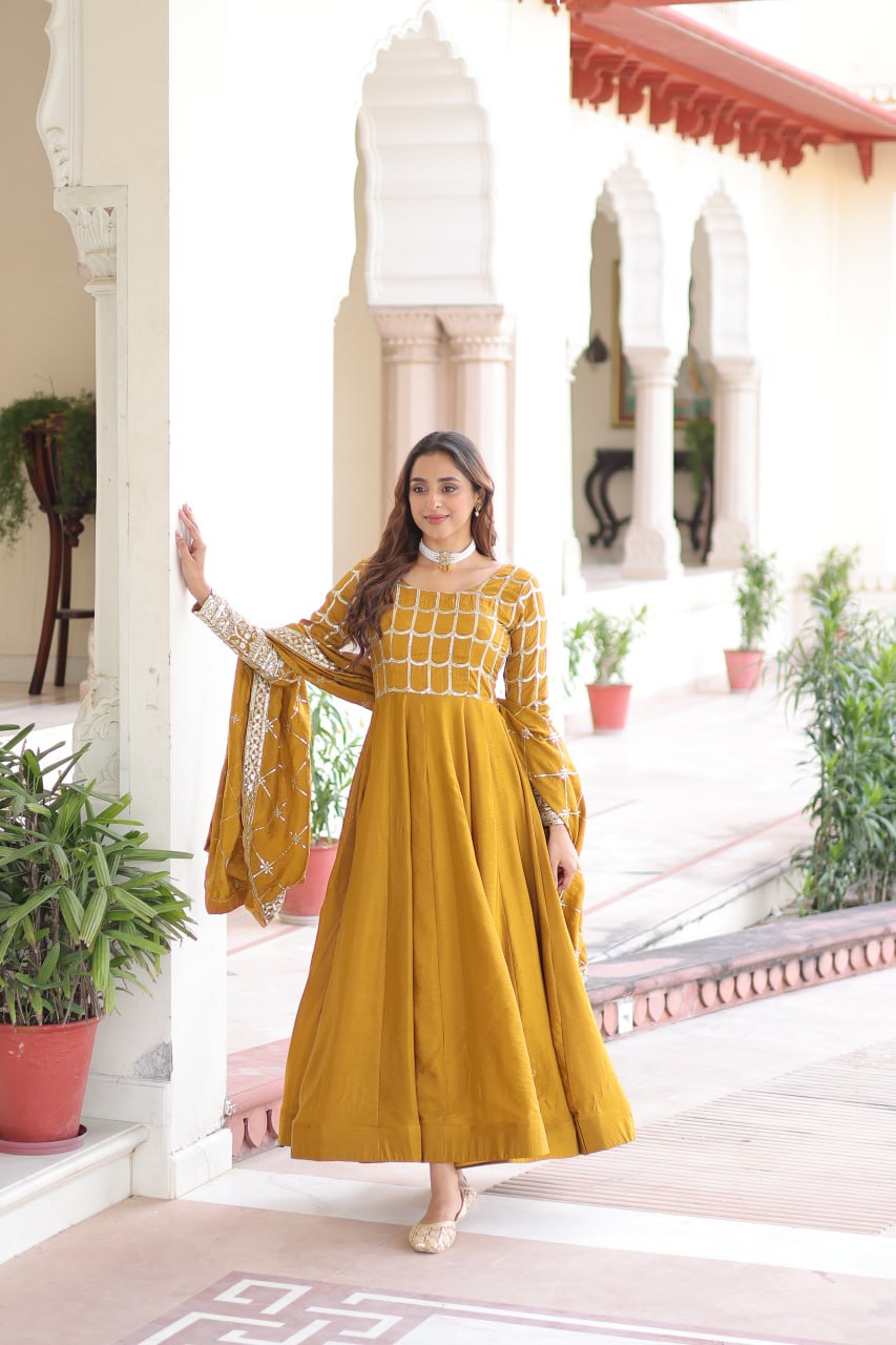 Vichitra Gown with Heavy Sequins Zari Work & Dupatta