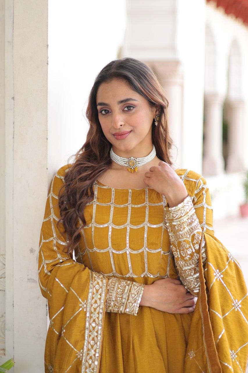 Vichitra Gown with Heavy Sequins Zari Work & Dupatta