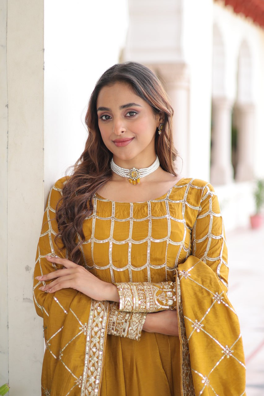 Vichitra Gown with Heavy Sequins Zari Work & Dupatta