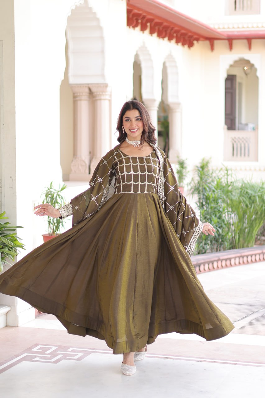 Vichitra Gown with Heavy Sequins Zari Work & Dupatta