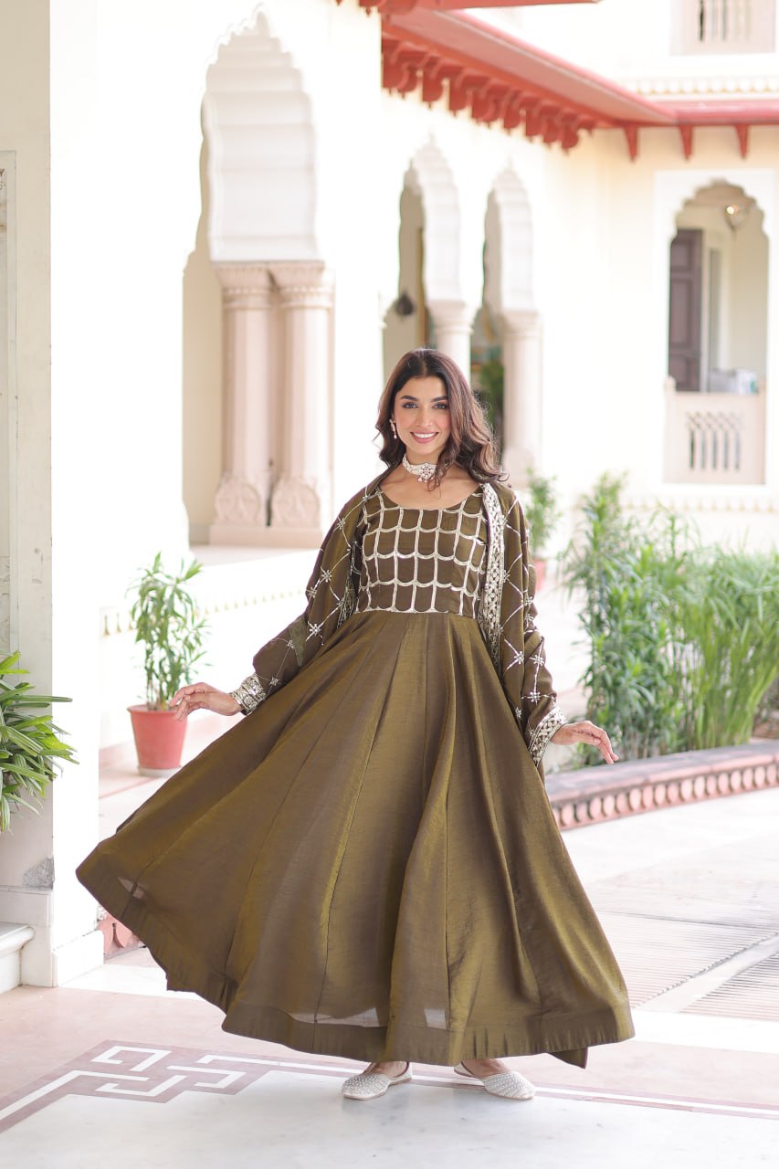 Vichitra Gown with Heavy Sequins Zari Work & Dupatta