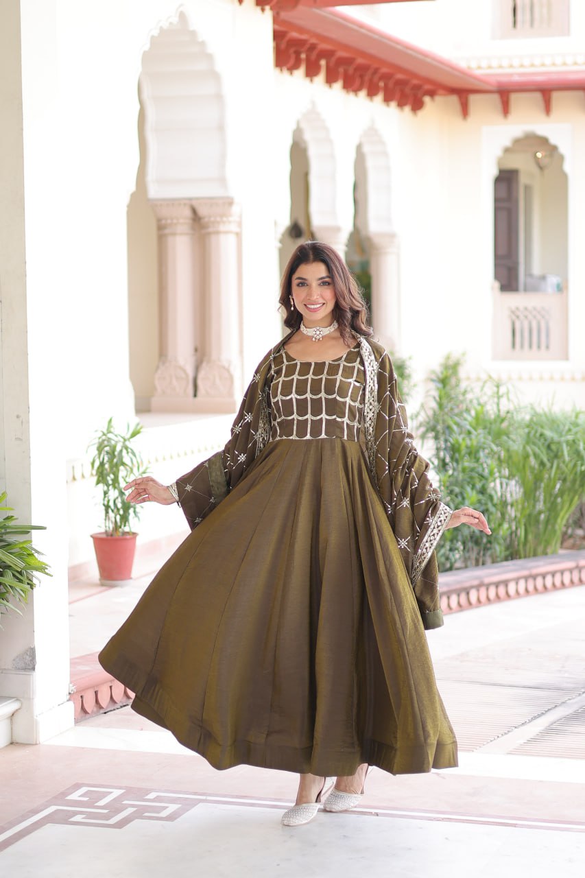 Vichitra Gown with Heavy Sequins Zari Work & Dupatta