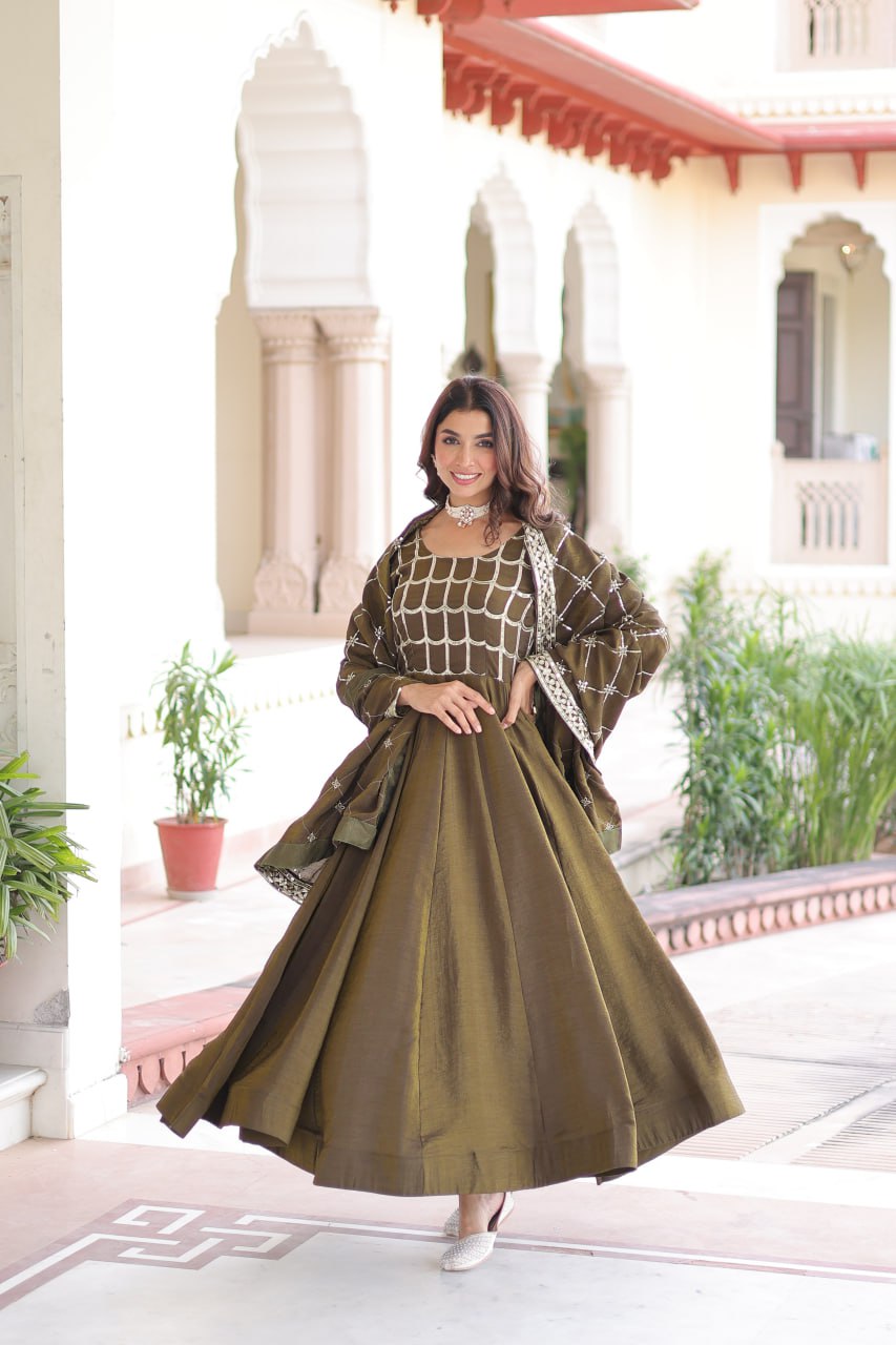 Vichitra Gown with Heavy Sequins Zari Work & Dupatta