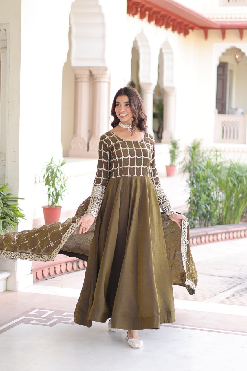 Vichitra Gown with Heavy Sequins Zari Work & Dupatta
