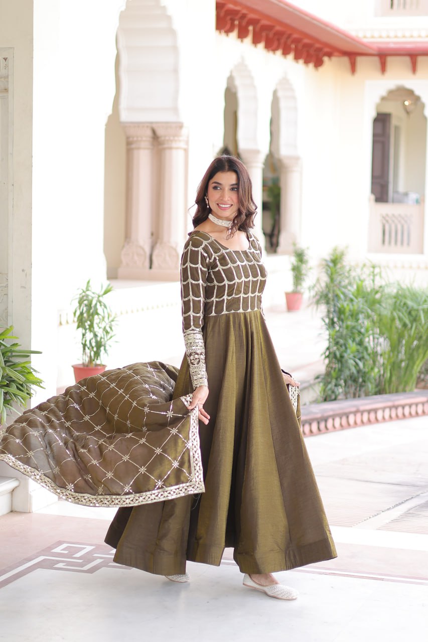 Vichitra Gown with Heavy Sequins Zari Work & Dupatta