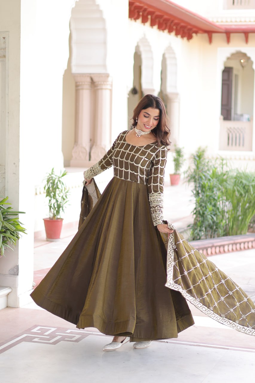 Vichitra Gown with Heavy Sequins Zari Work & Dupatta