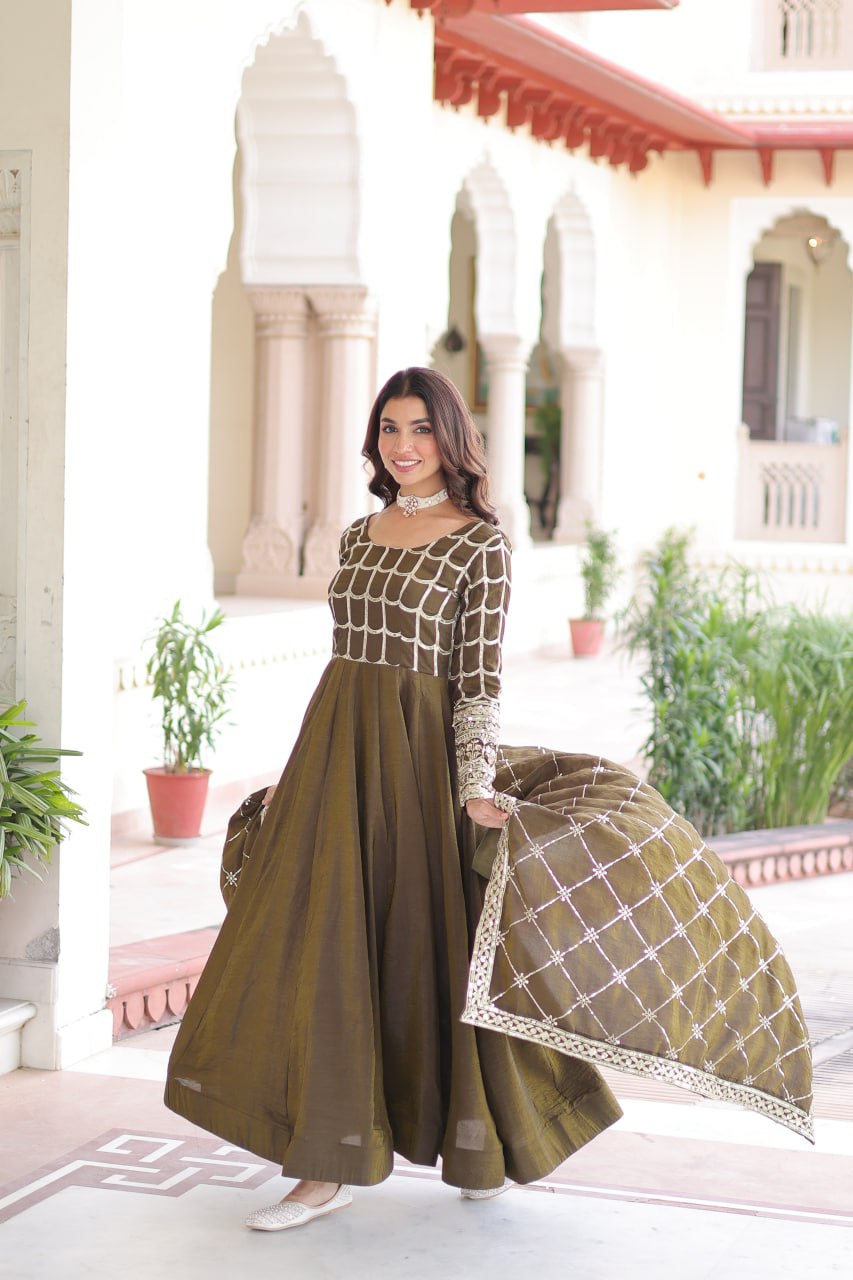 Vichitra Gown with Heavy Sequins Zari Work & Dupatta