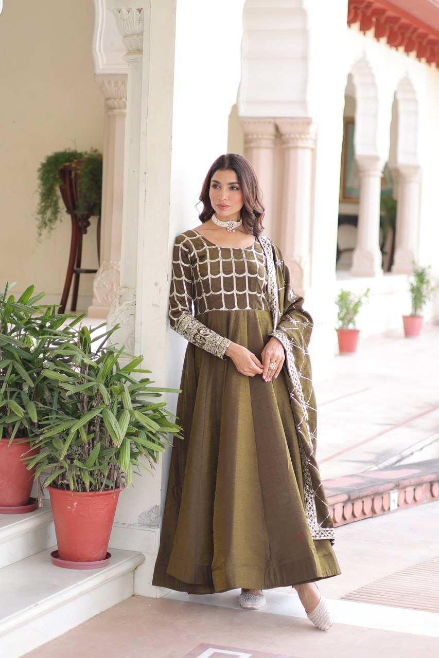 Vichitra Gown with Heavy Sequins Zari Work & Dupatta