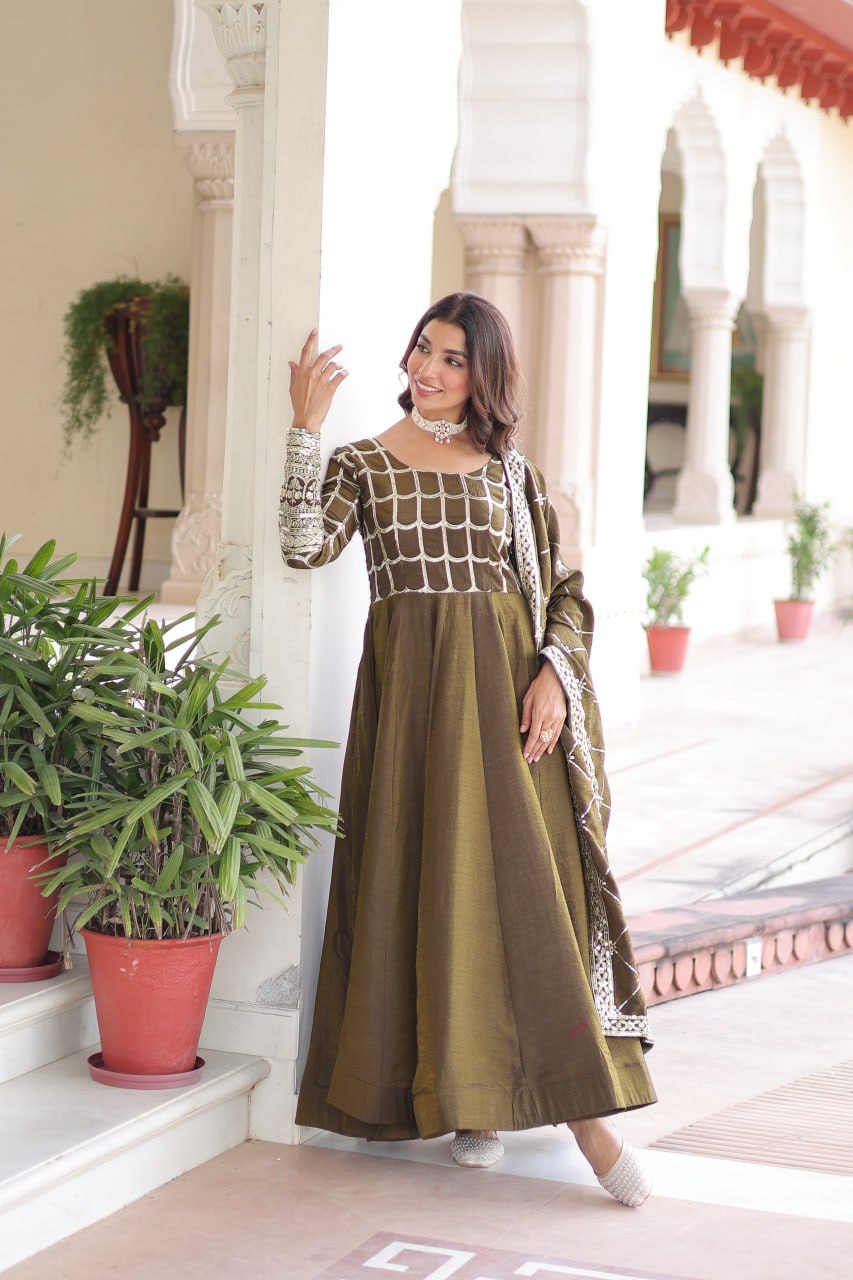 Designer NC Vichitra Gown with Heavy Sequins Zari Work & Dupatta
