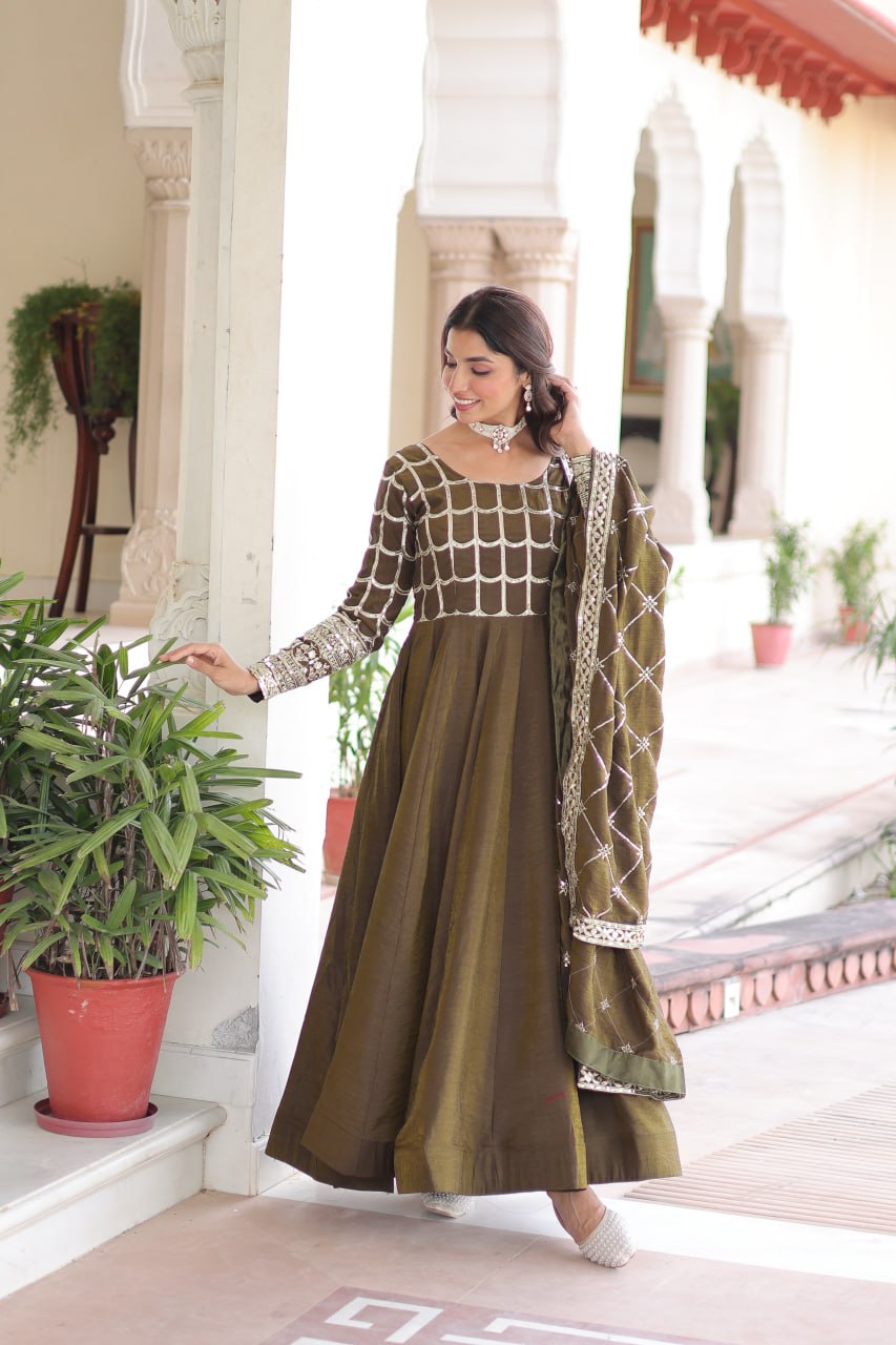Vichitra Gown with Heavy Sequins Zari Work & Dupatta