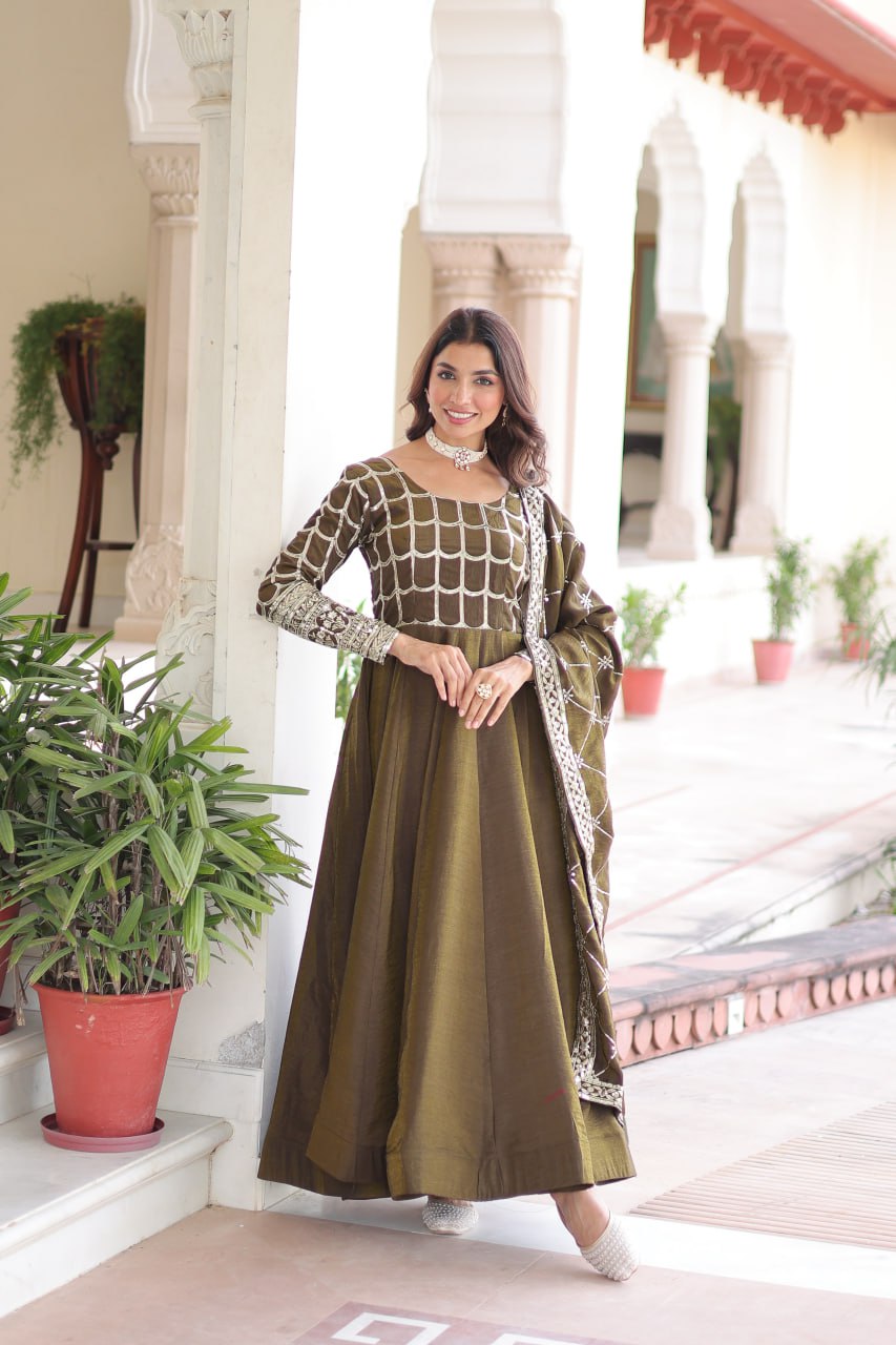 Vichitra Gown with Heavy Sequins Zari Work & Dupatta