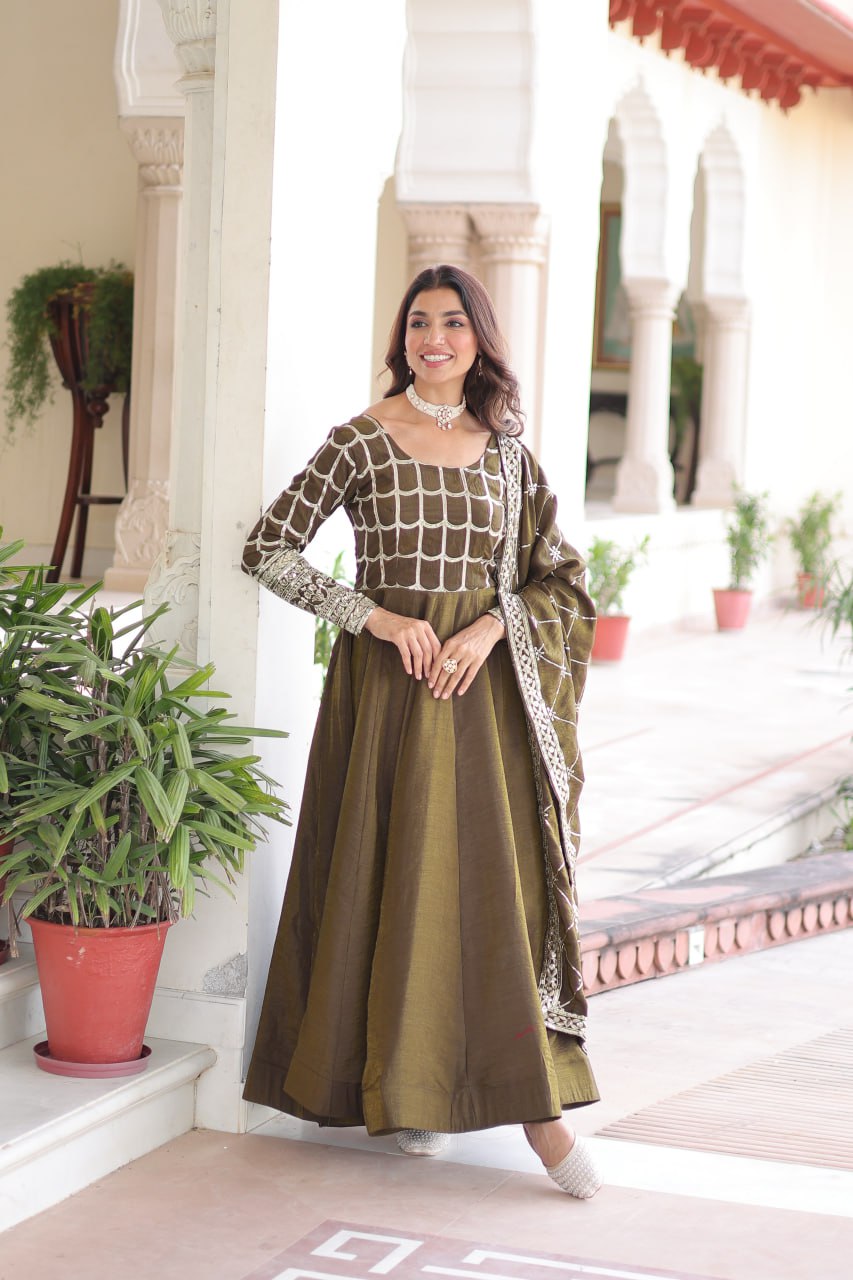 Vichitra Gown with Heavy Sequins Zari Work & Dupatta
