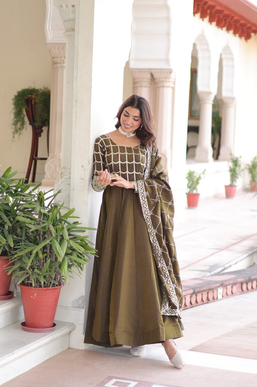 Vichitra Gown with Heavy Sequins Zari Work & Dupatta
