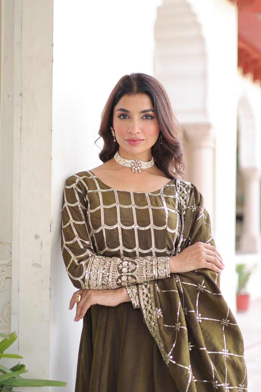 Vichitra Gown with Heavy Sequins Zari Work & Dupatta