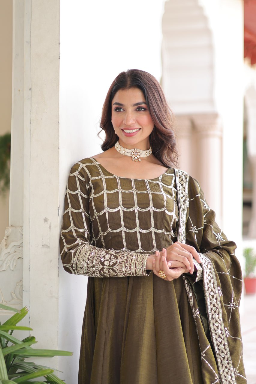 Designer NC Vichitra Gown with Heavy Sequins Zari Work & Dupatta