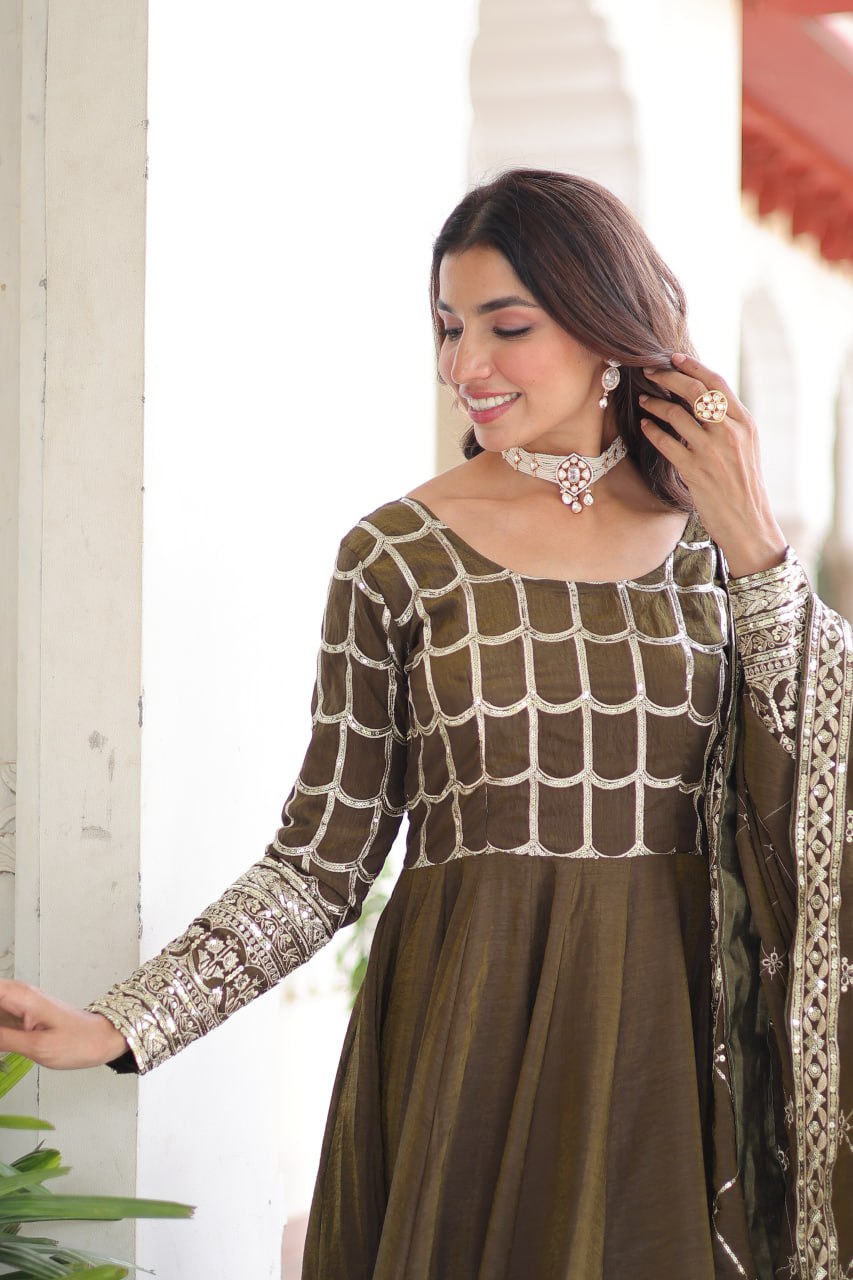 Designer NC Vichitra Gown with Heavy Sequins Zari Work & Dupatta