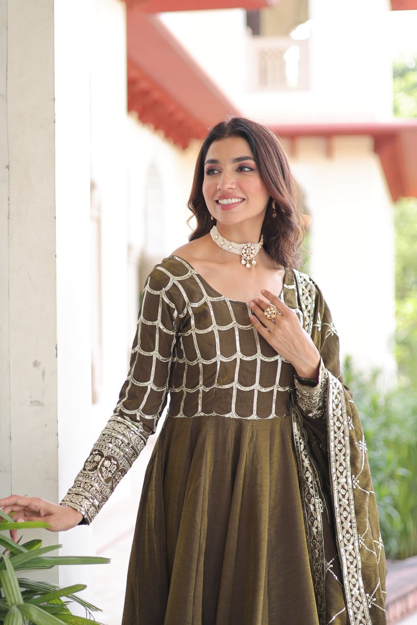 Vichitra Gown with Heavy Sequins Zari Work & Dupatta