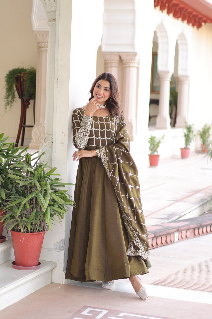 Vichitra Gown with Heavy Sequins Zari Work & Dupatta