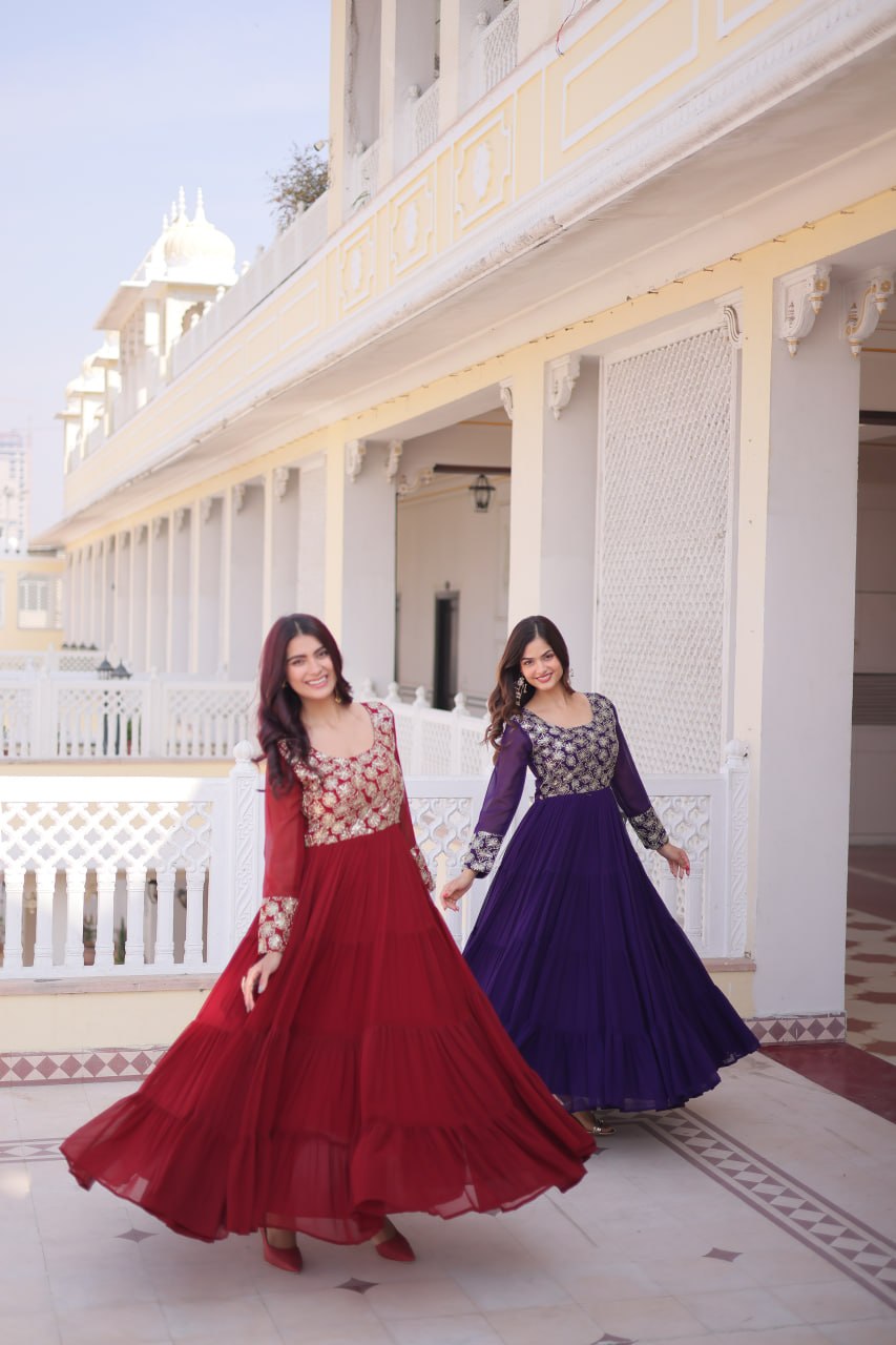 Faux  Georgette Gown with 12 Meter Flair & Sequins Zari Embroidery