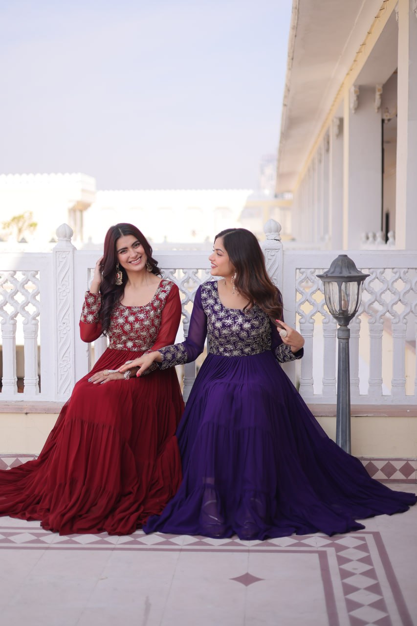 Faux  Georgette Gown with 12 Meter Flair & Sequins Zari Embroidery