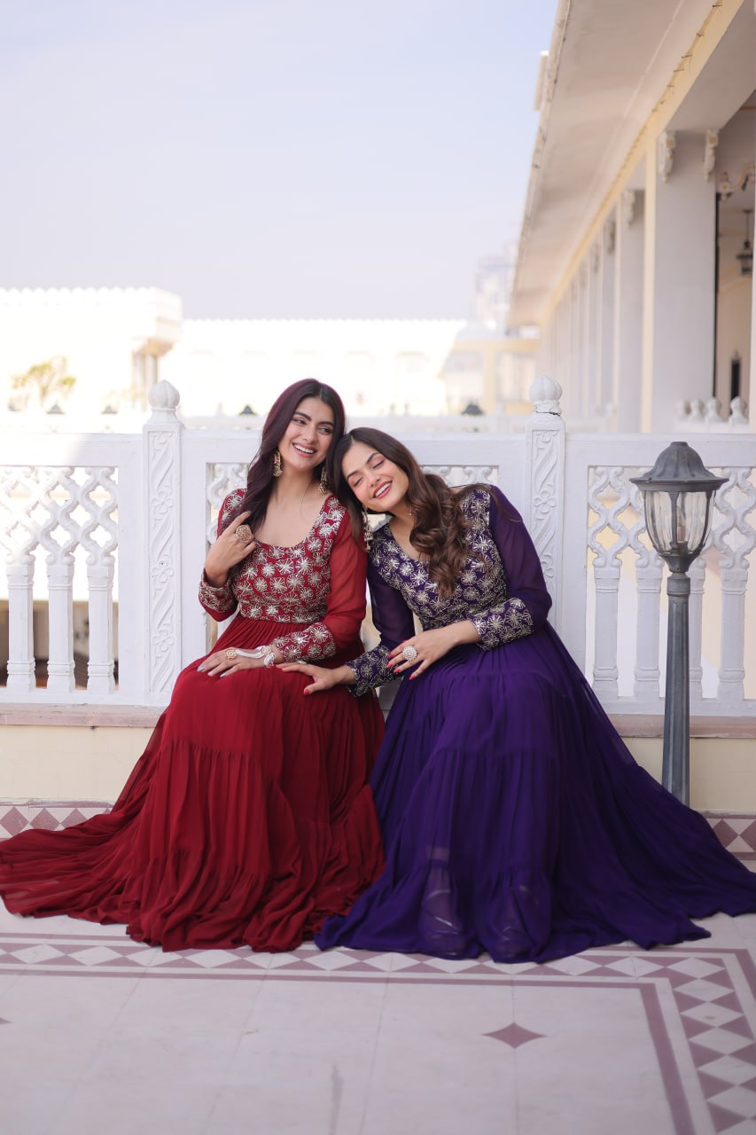Faux  Georgette Gown with 12 Meter Flair & Sequins Zari Embroidery