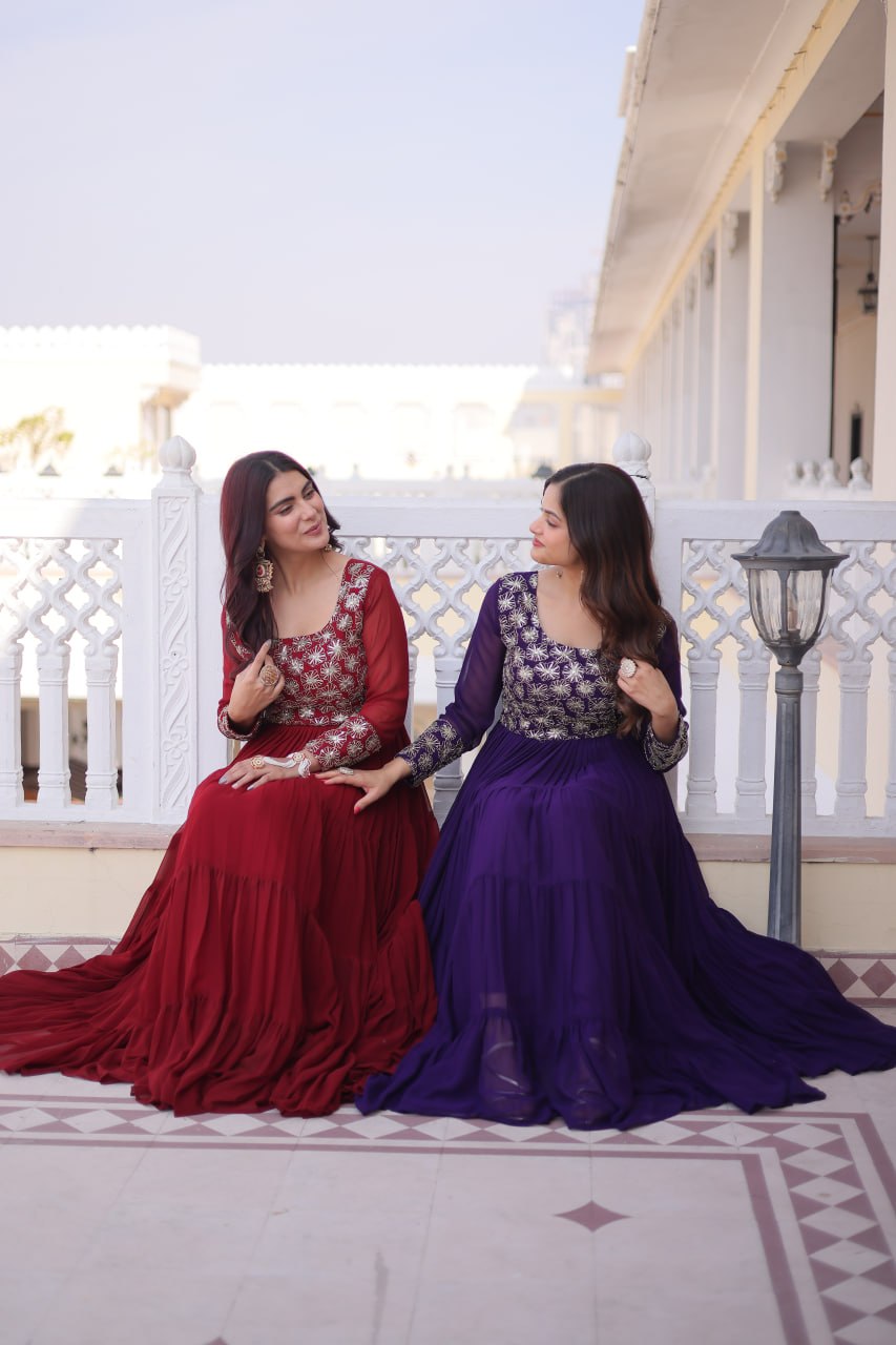 Faux  Georgette Gown with 12 Meter Flair & Sequins Zari Embroidery