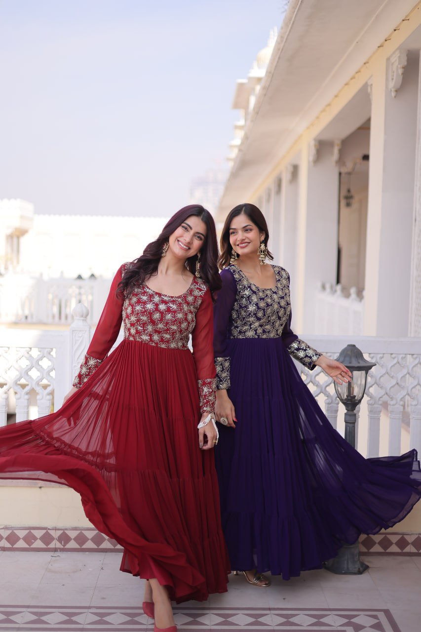 Faux  Georgette Gown with 12 Meter Flair & Sequins Zari Embroidery