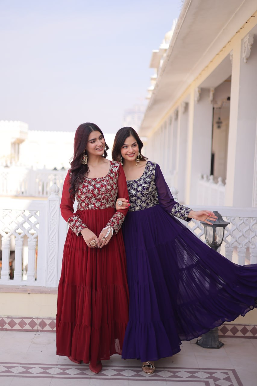 Faux  Georgette Gown with 12 Meter Flair & Sequins Zari Embroidery