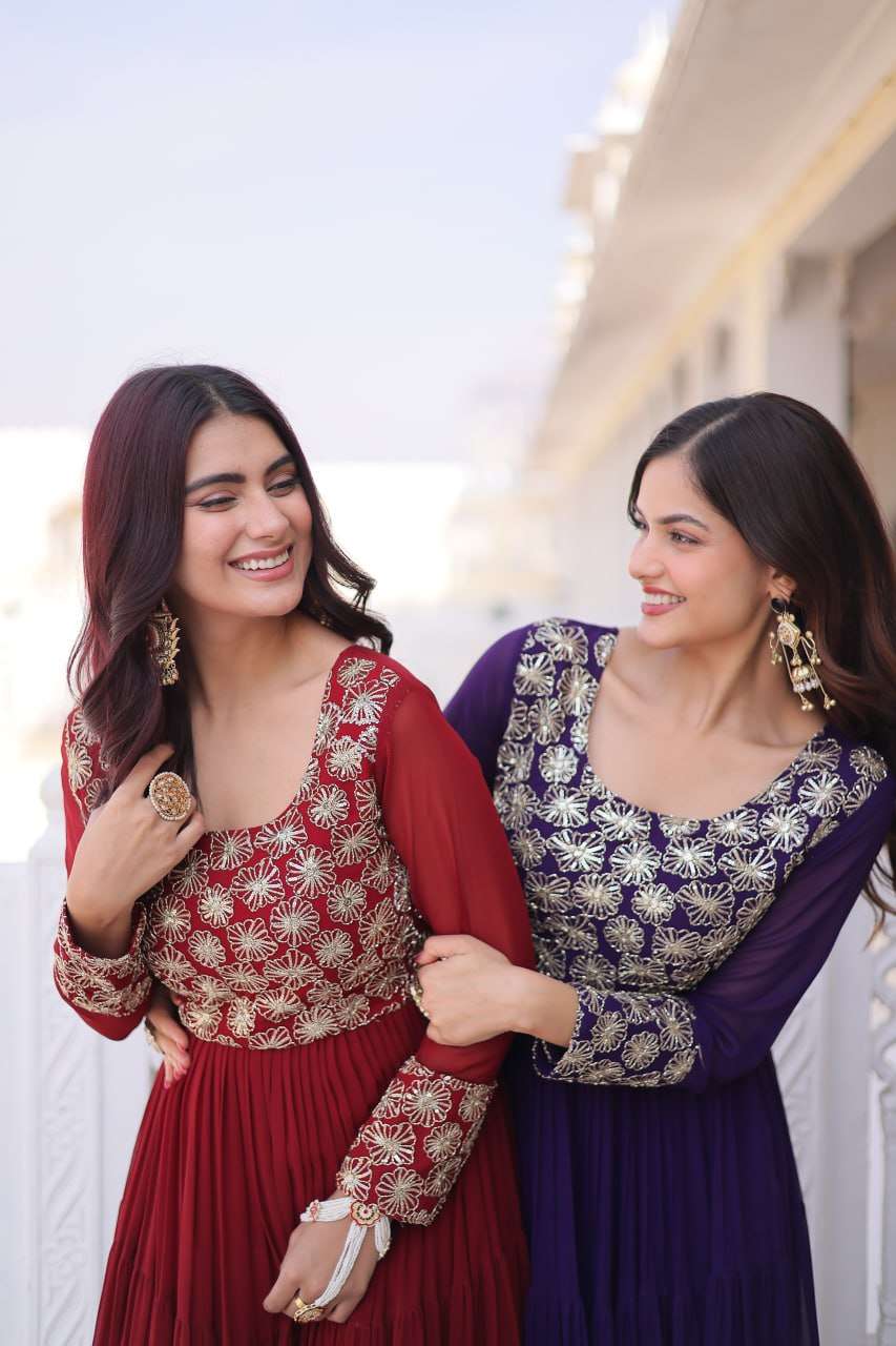 Faux  Georgette Gown with 12 Meter Flair & Sequins Zari Embroidery
