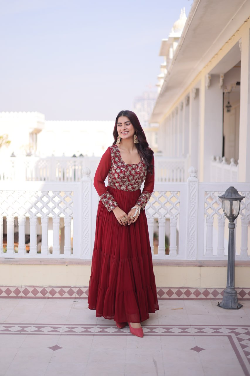 Faux  Georgette Gown with 12 Meter Flair & Sequins Zari Embroidery