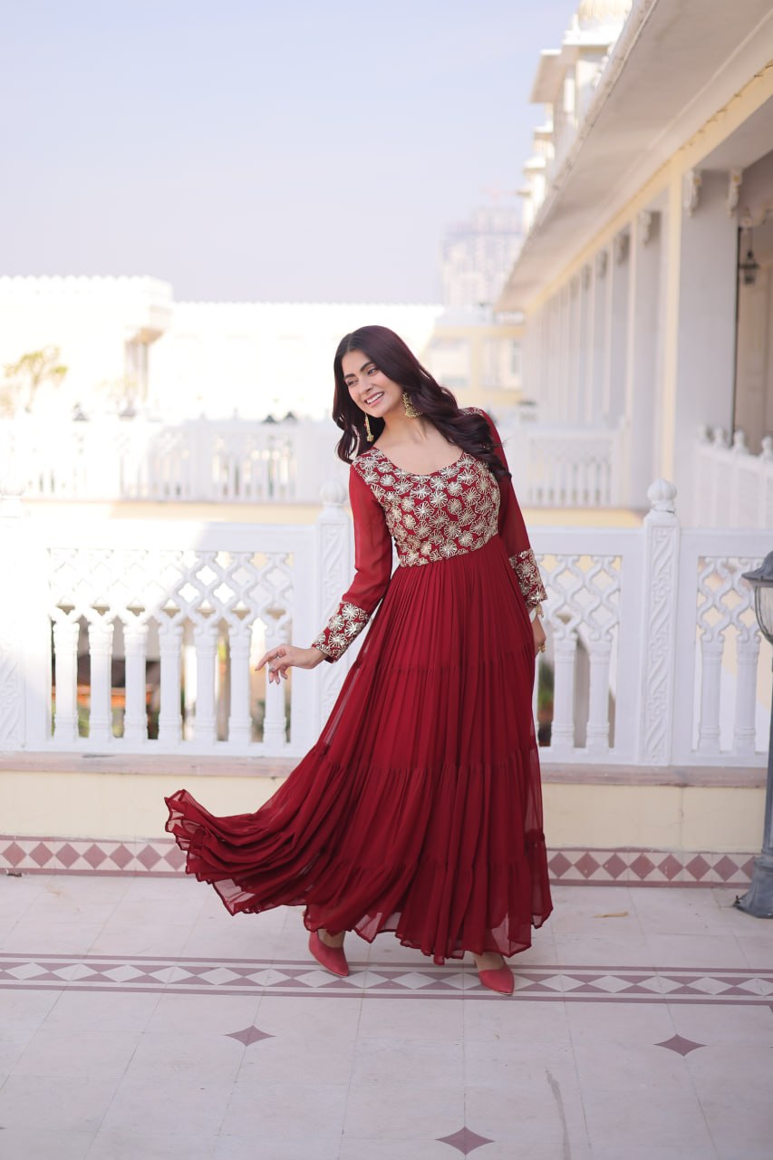 Faux  Georgette Gown with 12 Meter Flair & Sequins Zari Embroidery