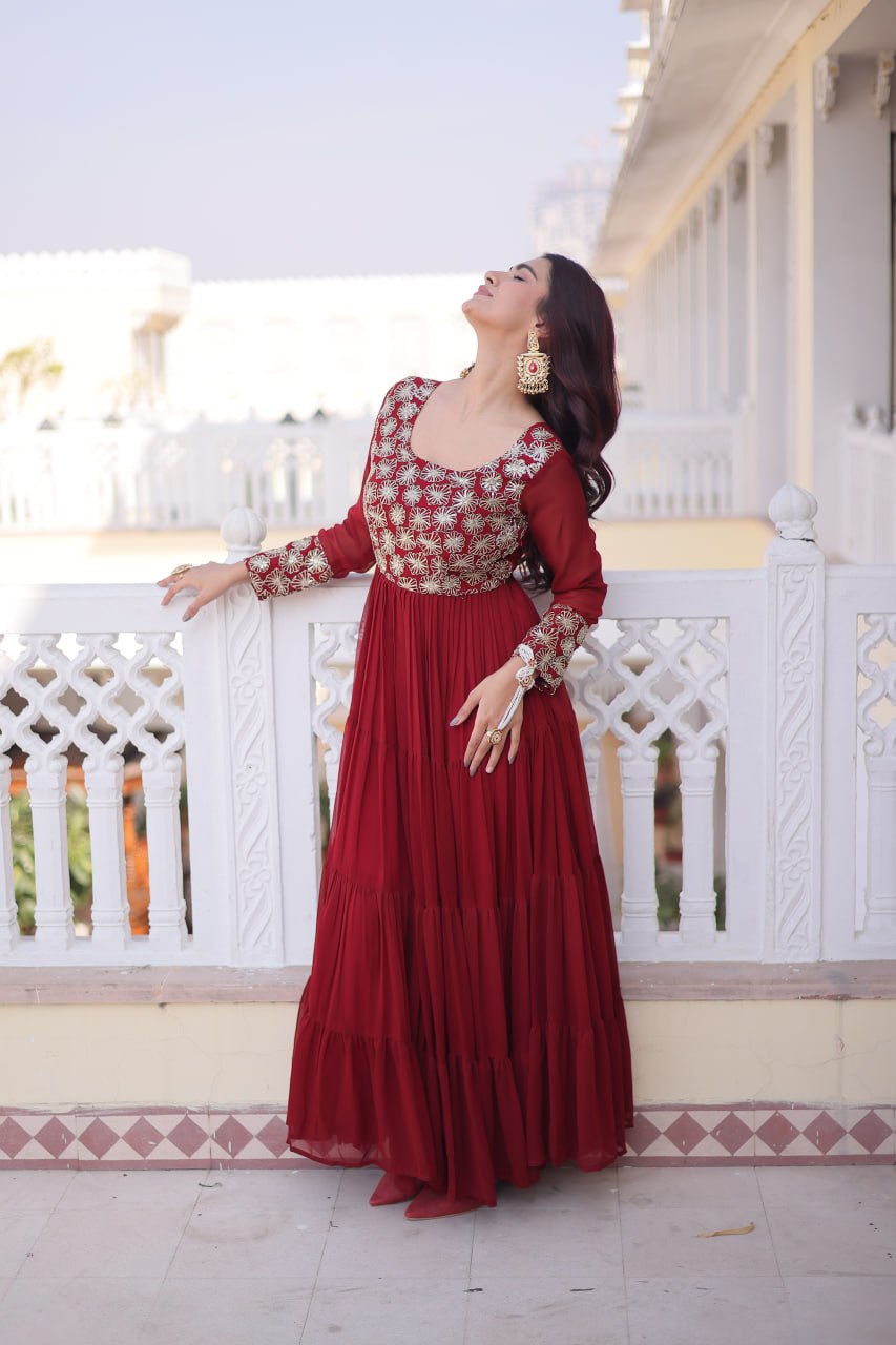 Faux  Georgette Gown with 12 Meter Flair & Sequins Zari Embroidery