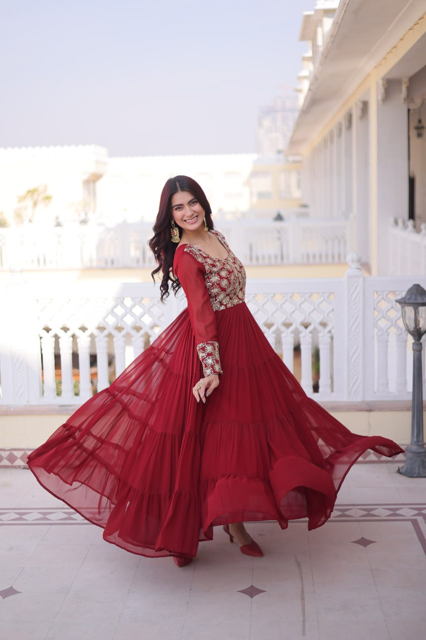 Faux  Georgette Gown with 12 Meter Flair & Sequins Zari Embroidery
