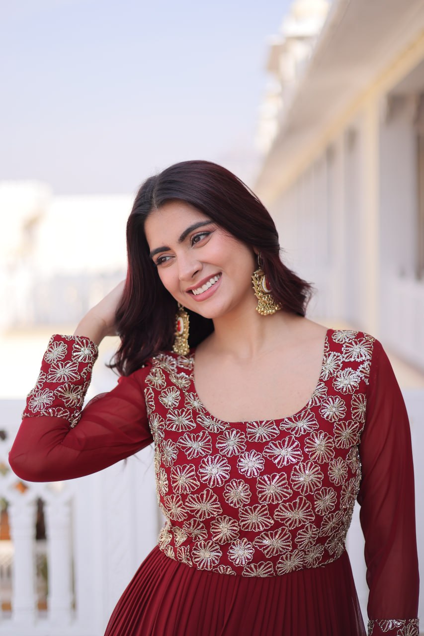 Faux  Georgette Gown with 12 Meter Flair & Sequins Zari Embroidery