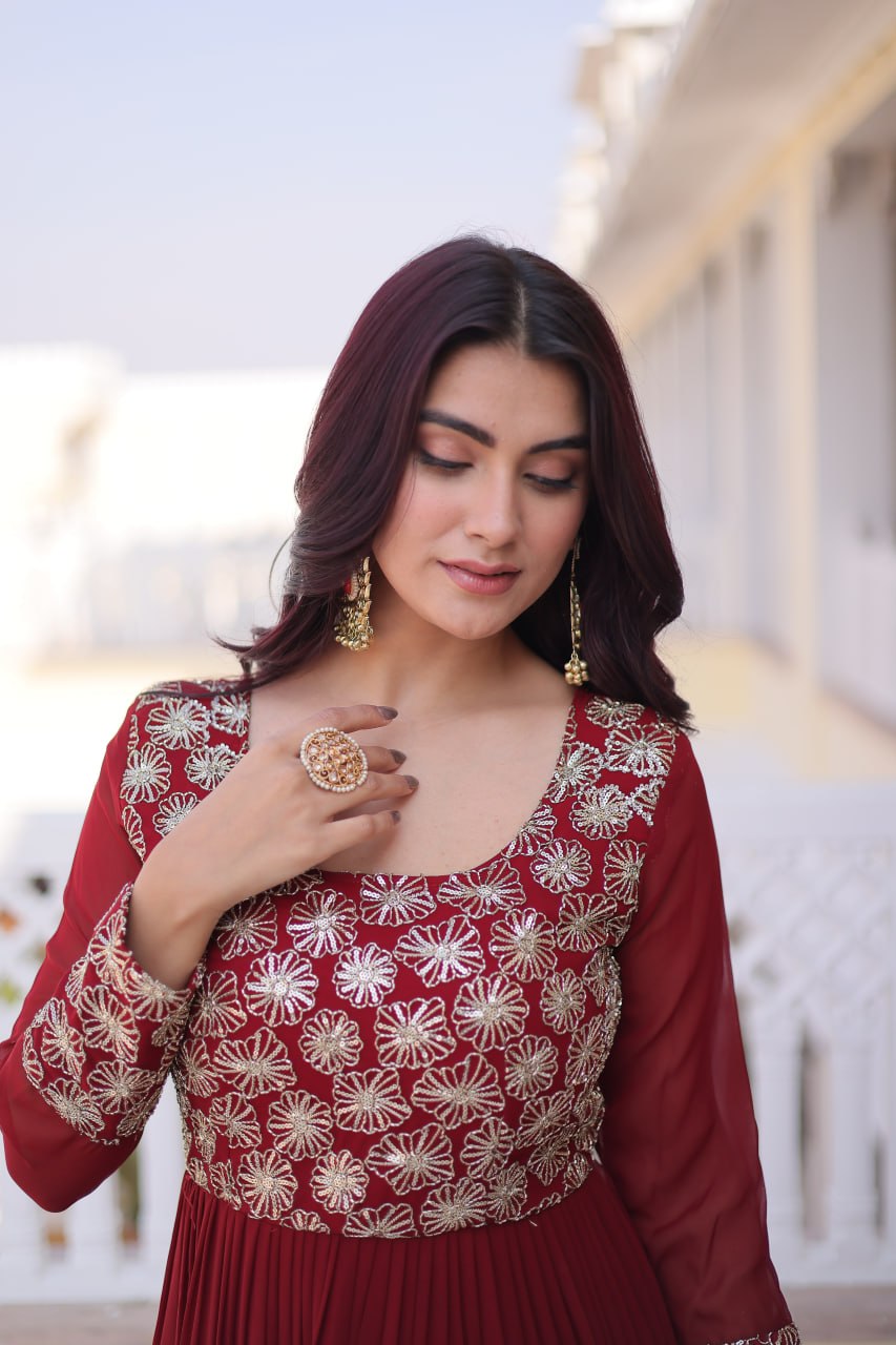 Faux  Georgette Gown with 12 Meter Flair & Sequins Zari Embroidery