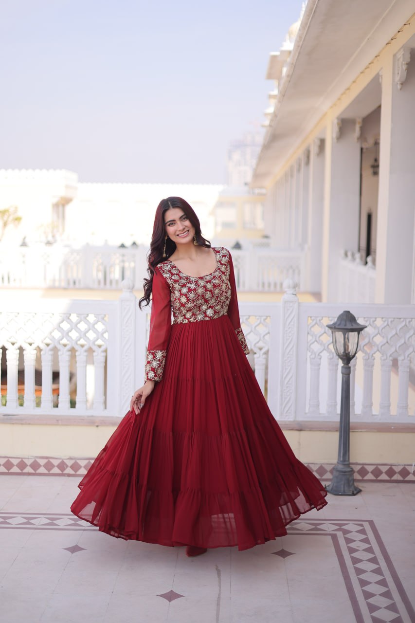 Faux  Georgette Gown with 12 Meter Flair & Sequins Zari Embroidery