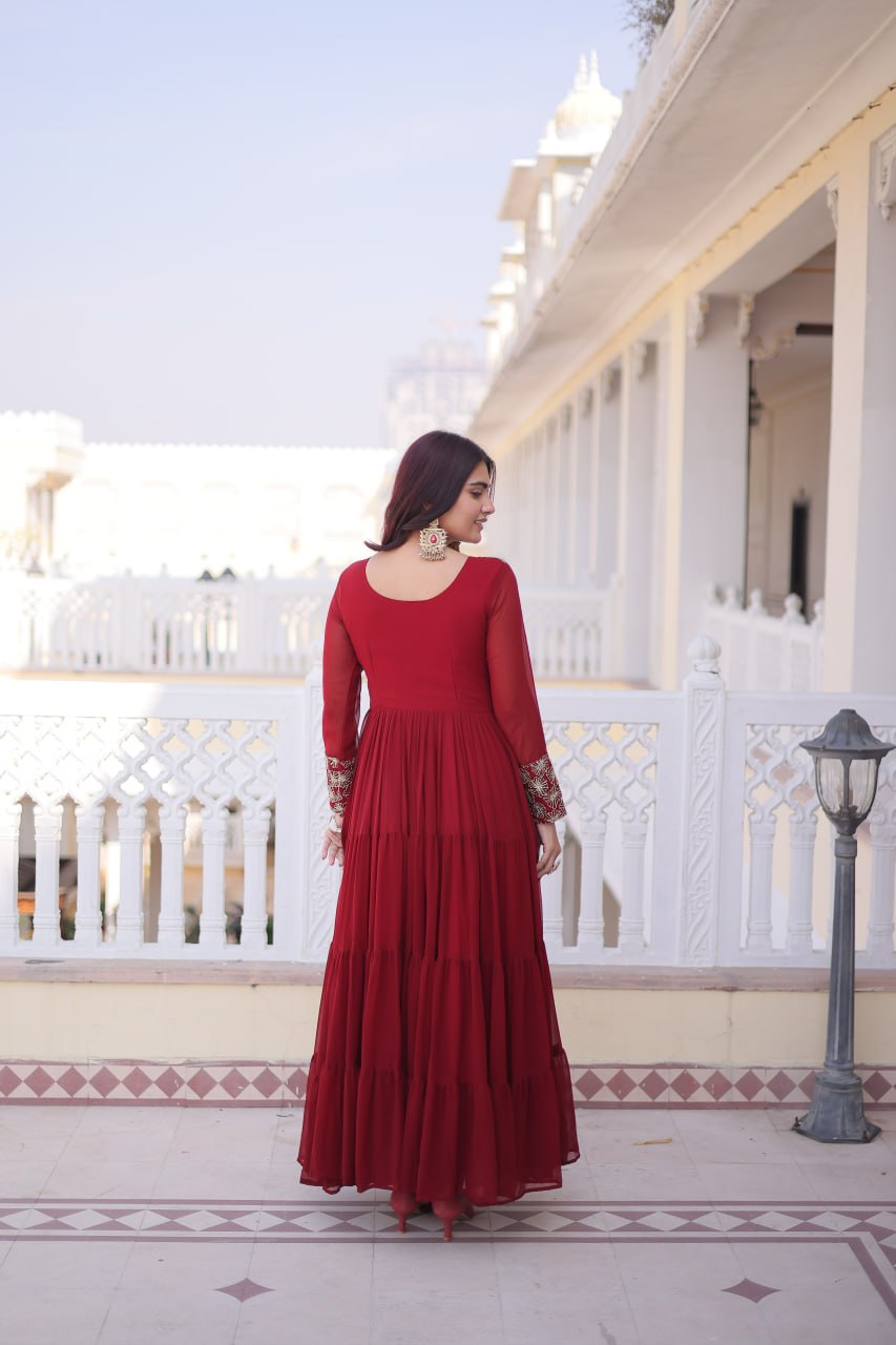Faux  Georgette Gown with 12 Meter Flair & Sequins Zari Embroidery