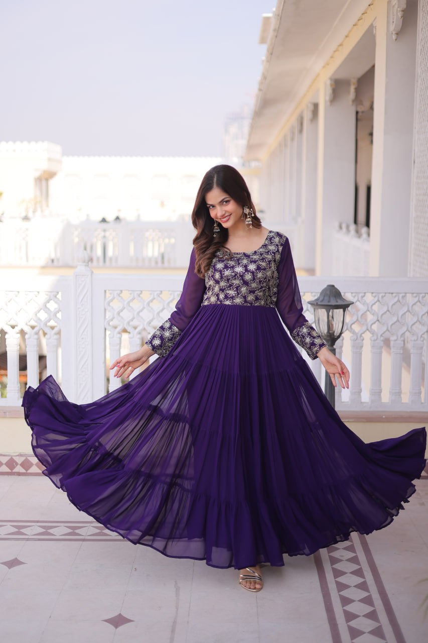 Faux  Georgette Gown with 12 Meter Flair & Sequins Zari Embroidery