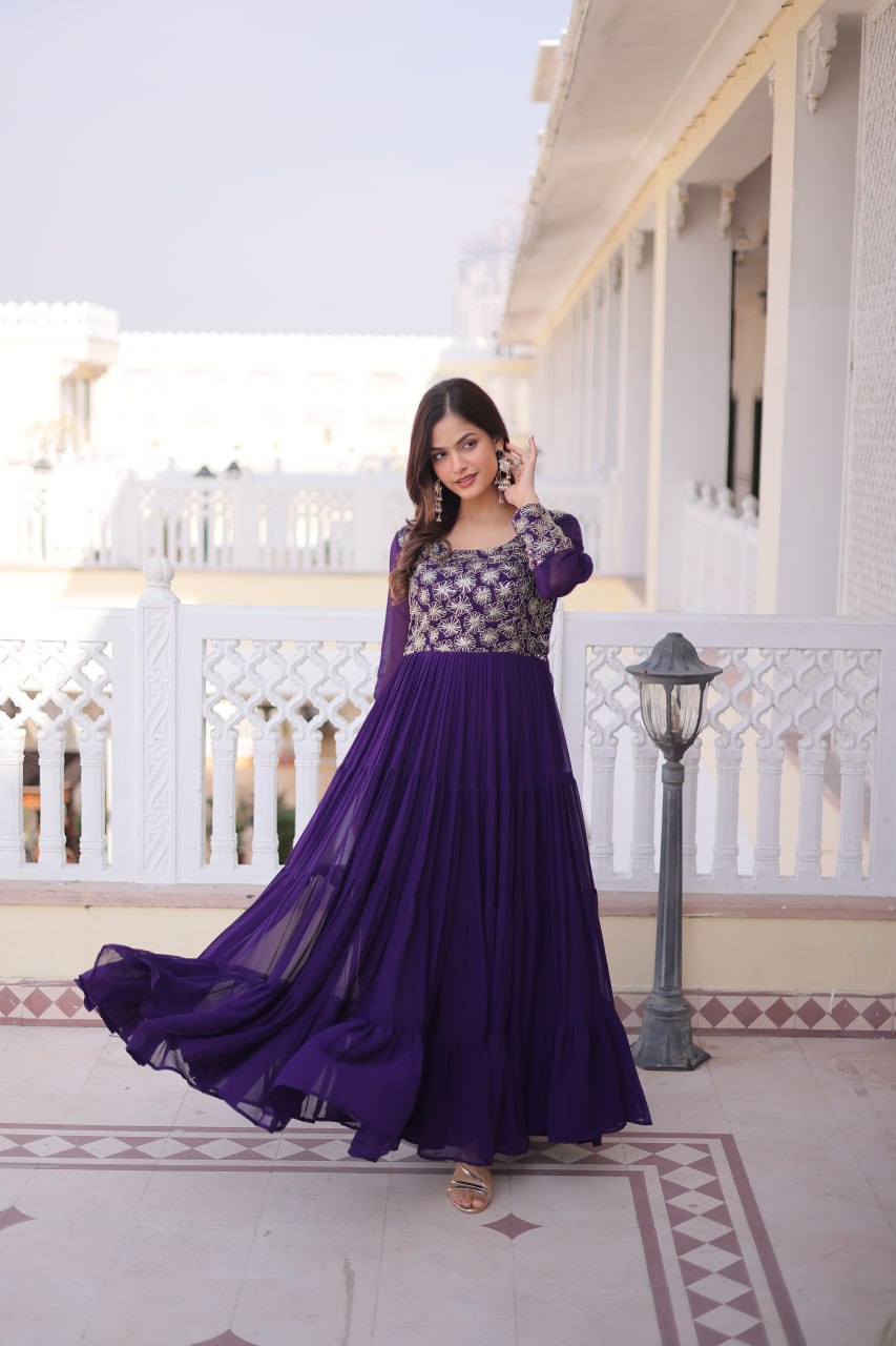 Faux  Georgette Gown with 12 Meter Flair & Sequins Zari Embroidery